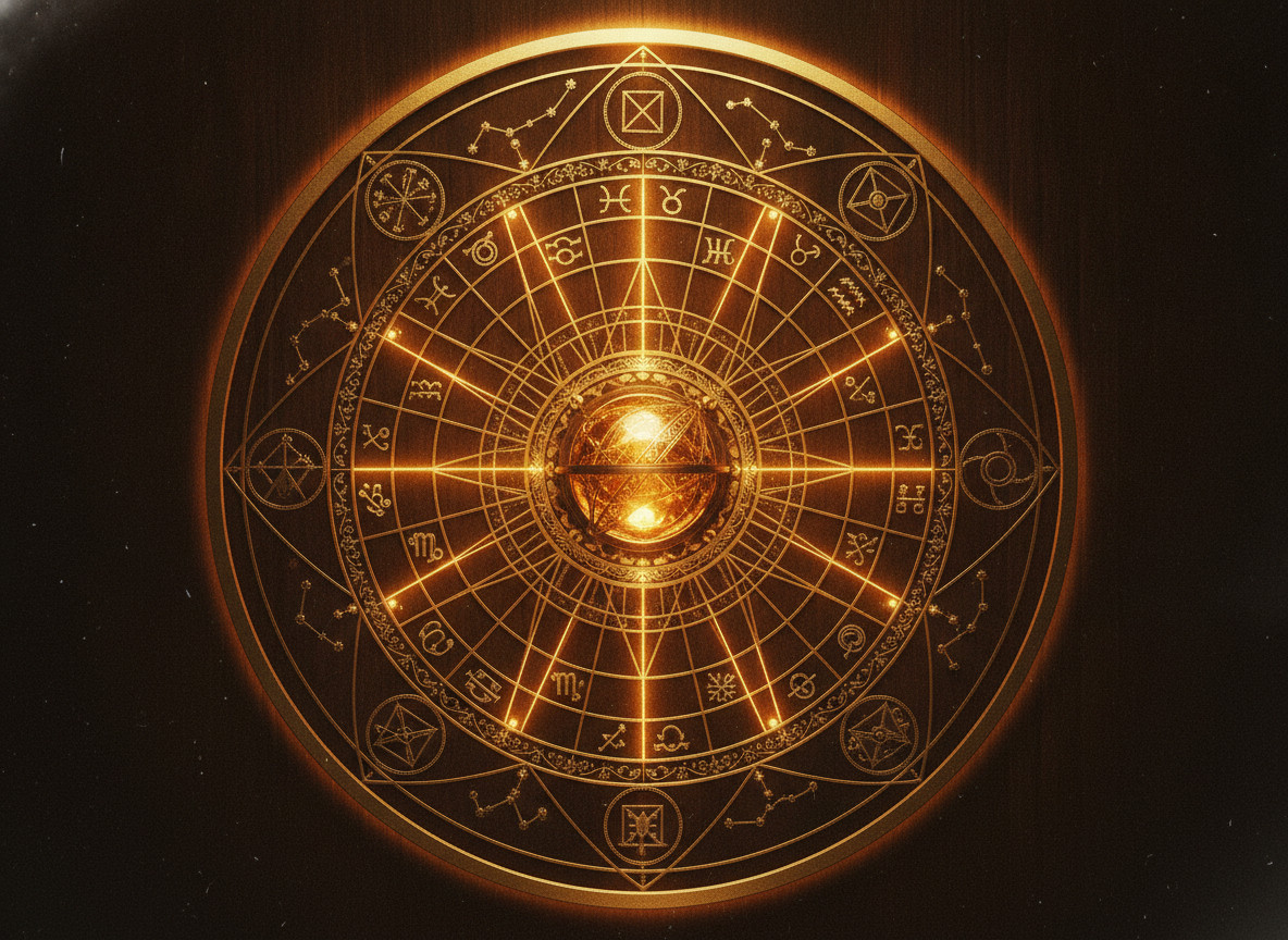A glowing engraved natal-chart and constellation blueprint