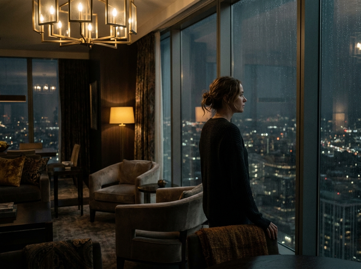 A woman alone at a night window over the city, contemplative